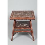 19th/20th century Chinese inlaid hardwood table, square top decorated with pagodas, trees, figures