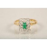 Ladies Diamond and Emerald Ring, central emerald surrounded by 10 brilliant cut diamonds