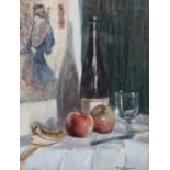 Robert D Pasquoll (Scottish 1881-1927) Gilt framed oil on board, signed 'Fruit and Wine on a Table