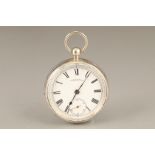 Victorian open faced silver cased pocket watch, key wind, white enamel dial, seconds, seconds