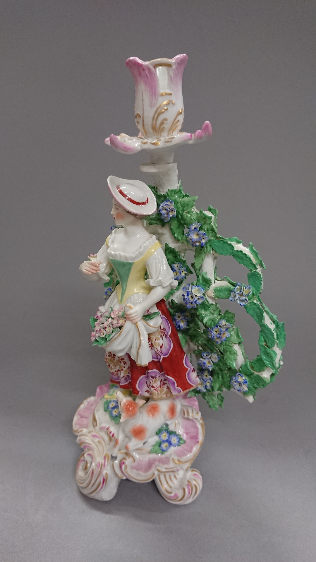 Chelsea Derby porcelain bocage figure candlestick, shepherdess with a lamb raised on a pink and gilt - Image 2 of 9