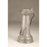 Kayserzinn pewter art nouveau lidded ewer decorated with antlers and foliage. 38cm high