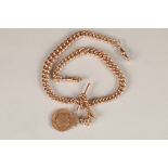 9ct rose gold double Albert pocket watch chain with 9ct gold medal. 41cm long. Total weight 85.5g