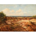 Unsigned 19th century Gilt framed oil on canvas 'Quarry Workers in a Summer Landscape' 32cm x 40cm