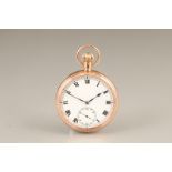 Gents 9 carat gold open faced pocket watch. White enamel dial with black Roman numerals and a