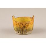 Daum cameo glass table salt, in the form of a pail enamelled with a winter woodland landscape.