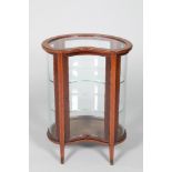 Edwardian inlaid mahogany kidney shaped display cabinet, glass topped with two internal glass
