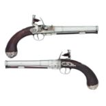 A PAIR OF 14 BORE FLINTLOCK SILVER-MOUNTED PISTOLS BY HENRY DELANEY, LONDON, CIRCA 1745