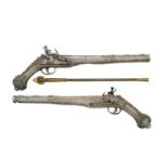 ˜A PAIR OF 18 BORE SILVER-MOUNTED OTTOMAN BALKAN FLINTLOCK HOLSTER (KUBUR) PISTOLS, EARLY 19TH CENTU