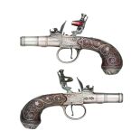 ǂAN EXCEPTIONAL PAIR OF 120 BORE FLINTLOCK BOX-LOCK POCKET PISTOLS WITH SILVER BARRELS, ACTIONS AND