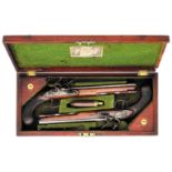 Property from the Estate of Patrick Kelly A CASED PAIR OF 25 BORE FLINTLOCK DUELLING PISTOLS BY H. W