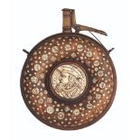 A DECORATED CIRCULAR POWDER-FLASK IN GERMAN 17TH CENTURY STYLE, 19TH CENTURY