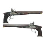 ǂA FINE AND RARE PAIR OF 28 BORE D.B. FLINTLOCK SINGLE-TRIGGER SAW-HANDLED CARRIAGE PISTOLS BY H.W.M
