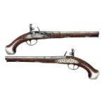 The Property of a Gentleman A FINE PAIR OF 22 BORE SILVER-MOUNTED FLINTLOCK HOLSTER PISTOLS BY JOHN