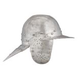 A RARE POT HELMET INCORPORATING THE SKULL OF AN EARLY 16TH CENTURY ITALIAN SALLET, MID-17TH CENTURY