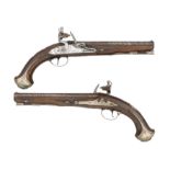 A PAIR OF 28 BORE IRISH SILVER-MOUNTED FLINTLOCK HOLSTER PISTOLS BY LEWIS ALLEY, DUBLIN, DUBLIN SILV