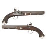 A PAIR OF 20 BORE SILVER-MOUNTED FLINTLOCK OFFICER'S PISTOLS BY BRUNN, 56 CHARING CROSS, LONDON, 180