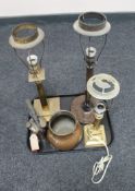 A tray of antique brass Primus blow lamp, copper cooking pot,