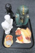 A tray of two plaster busts, marble bust of a lady, Egyptian bust, Bossons plaques,