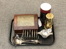 A tray of brass miner's lamp, trinket box, silver plated ladles,