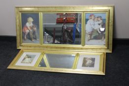 Two contemporary Victorian style gilt framed mirrors with prints framed as one