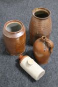 A tray of two antique glazed stoneware kitchen storage jars,
