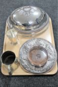 A tray of silver plated food cover, table stands,