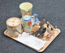 A tray of Crown Devon Fieldings biscuit barrel, Crown Ducal jug, Arthur wood teapot, bird figures,