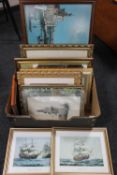 A box of framed pictures and prints including ships,