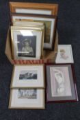 A box of framed pictures and prints, monochrome engravings, portraits,