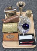 A tray of vintage camera, brass trinket box, pen set, fluted vase, silver plated items,