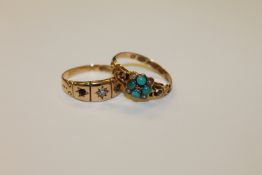 Two antique 15ct turquoise diamond and pearl rings (2)