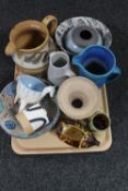 A tray of stoneware studio pottery,