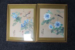 A pair of gilt framed Japanese watercolours of birds perched on branches,