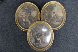 Three oval gilt framed antique prints - October,