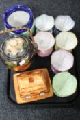 A tray of Maling harlequin sundae dishes, biscuit barrel,