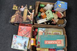 Two boxes of vintage soft toys, board games,