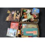 Two boxes of vintage soft toys, board games,