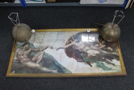 A large gilt framed print of Michelangelo's Creation of Adam together with a pair of contemporary