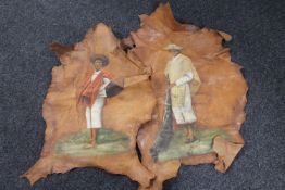 Two paintings on animal hide depicting figures