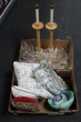 Two boxes of pair of pine lamps, assorted glass, Italian pottery bowl, Copeland bowl,