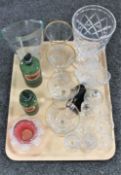 A tray of crystal and glass, chemist bottles,