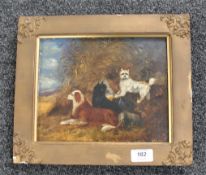 Early 19th century English school, three dogs amidst tall grass, oil on canvas,