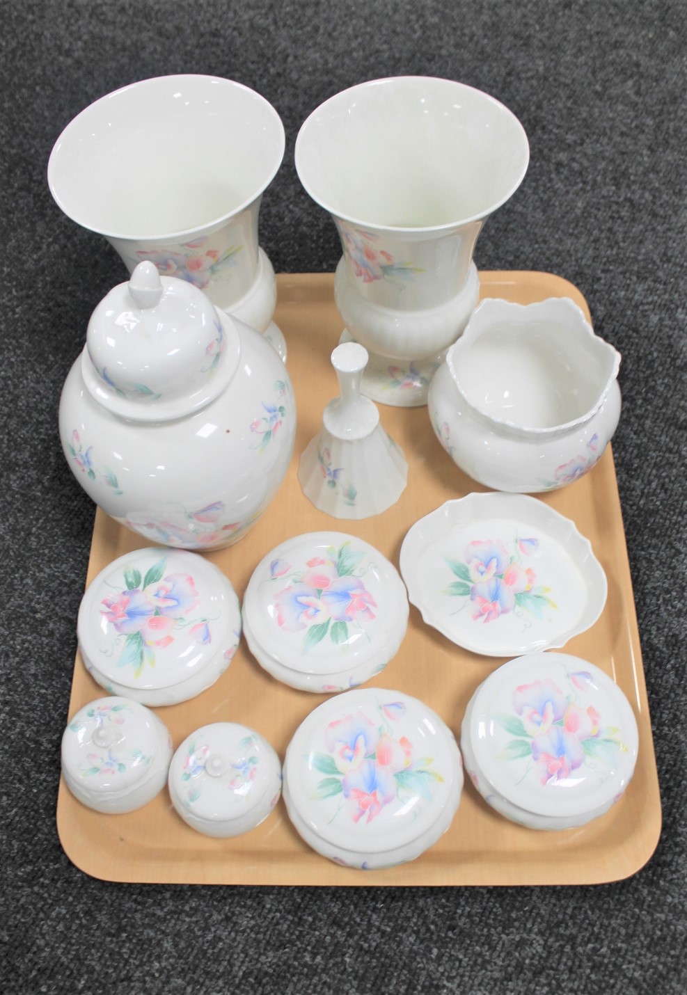 A tray of Aynsley Little Sweetheart china, vases,