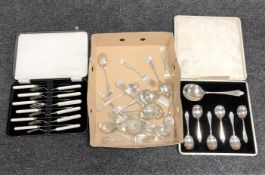 A box of silver plated loose and cased cutlery etc