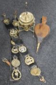 A tray of decorative brass spirit kettle, wooden bellows,