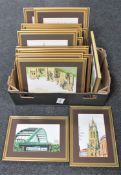 A box of tapestry framed pictures - local scenes including the Wearmouth bridge