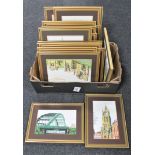 A box of tapestry framed pictures - local scenes including the Wearmouth bridge