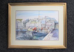 A gilt framed watercolour with ink, boats in a harbour,