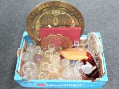 A box of glass, copper and brass tray,